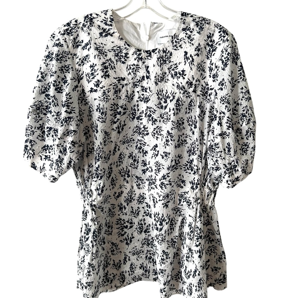 White and Black Puff Sleeve Blouse with Peter Pan Collar